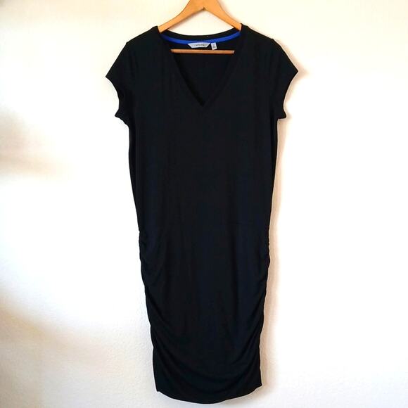 Athleta Drapes Crew Dress Black Ruched Sides - Picture 2 of 6